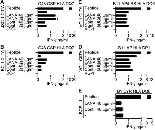 Figure 7. LANA-specific CD4+ T-cell recognition of CIITA-transduced JSC-1, BC-1, and VG-1 PELs or unmanipulated BCBL-1 fed enriched LANA-protein. CIITA-transduced JSC-1, BC-1, or VG-1 PELs or the unmanipulated BCBL-1 PELs were fed enriched LANA protein or a control protein preparation for 18 hours before being washed and incubated with the appropriate HLA-matched T-cell clone, and then IFN-γ secretion was measured. (A-B) Protein-fed JSC-1– and BC-1–transduced PELs, respectively, assayed against the HLA DQ7-restricted GSP-specific clone. Protein-fed VG-1–transduced PELs assayed against HLA DQ6-restricted LAP/LRS-specific clones (C) or HLA DP1-restricted LAP-specific clones (D). (E) Protein-fed BCBL-1 cells assayed against the HLA DQ6-restricted EYR-specific clone.