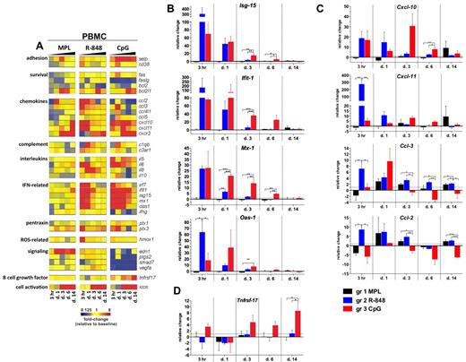 Figure 4. Signatures of inflammatory gene transcripts in PBMCs after TLR adjuvant injection. RNA was isolated from PBMCs cryopreserved with TRIzol reagent at 3 hours and 1, 3, 6, and 14 days after TLR-L injection and analyzed by low-density array quantitative real-time PCR for a panel of 93 genes involved in immune responses. All gene analytes at all time points were first normalized to the average cycling threshold value of expression of the housekeeping genes for 18s ribosomal RNA, Actb (β-actin), and Gusb (β-glucuronidase). Transcripts were grouped by their immune function and origin and their expression was evaluated at the time points matching innate cells kinetics in blood. (A) Heat map of gene transcripts. Each row represents the fold change relative to baseline (day −12) at the indicated time point after TLR-L injection in each of the experimental groups. The 34 genes with at least a 2-fold change from baseline at any given time point in any of the experimental groups are presented. Kinetics of expression of ISGs (B): Isg-15, Ifit-1, Mx-1, and Oas-1; chemokines (C): Cxcl-10 (IP-10), Cxcl-11 (I-TAC), Ccl-3 (MIP-1α), Ccl-2 (MCP-1), and the B-cell growth factor Tnfrsf-17 (D) are represented as the relative change in mRNA copies at the indicated time points after TLR-L injection compared with baseline (day −12). Dotted line marks the cutoff (y = 1) of relative expression change. Data are means ± SEM. *P < .05; **P < .01; ***P < .001 by ANOVA.