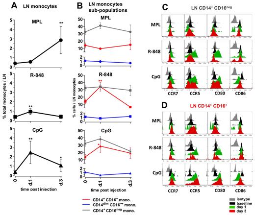 Figure 5. Distinct TLR-ligands differentially enhance the frequencies and activation of monocytes in draining LNs. (A) The total monocyte population was identified within the SSC-AhiFSC-Ahi LN cells as the CD3−CD8−CD20− HLA-DR+ population. Kinetics of frequencies of total monocytes within the LNs were assessed at days 1 and 3 after TLR-L injection. (B) Kinetics of frequencies of the CD14+CD16− (gray), CD14+CD16+ (red), and CD14dimCD16++ (blue) subpopulations within the total LN monocytes were defined at days 1 and 3 after TLR-L injection. Statistical analysis in panels A and B indicates significant change relevant to baseline. Data are means ± SEM. *P < .05; **P < .01; ***P < .001 by t test. Activation phenotypes of the CD14+CD16− (C) and CD14+CD16+ (D) monocytes were measured by expression of the surface markers CCR7, CCR5, CD80, and CD86 at days 1 and 3 after TLR-L injection. Histograms represent the isotype control (gray), baseline at day −12 (black) and at day 1 (green) and day 3 (red) after TLR-L injection. A single representative animal is shown for each experimental group.