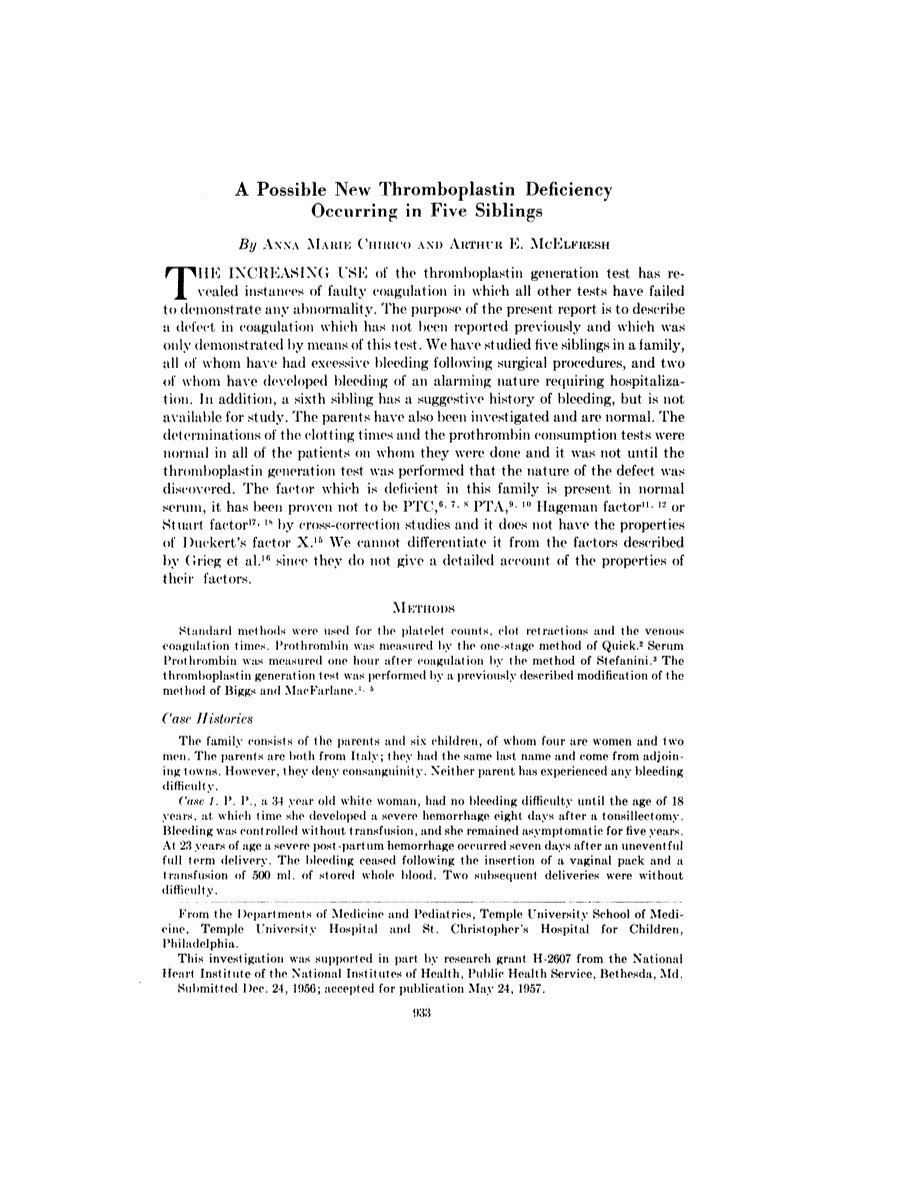 First page of A Possible New Thromboplastin Deficiency Occurring in Five Siblings