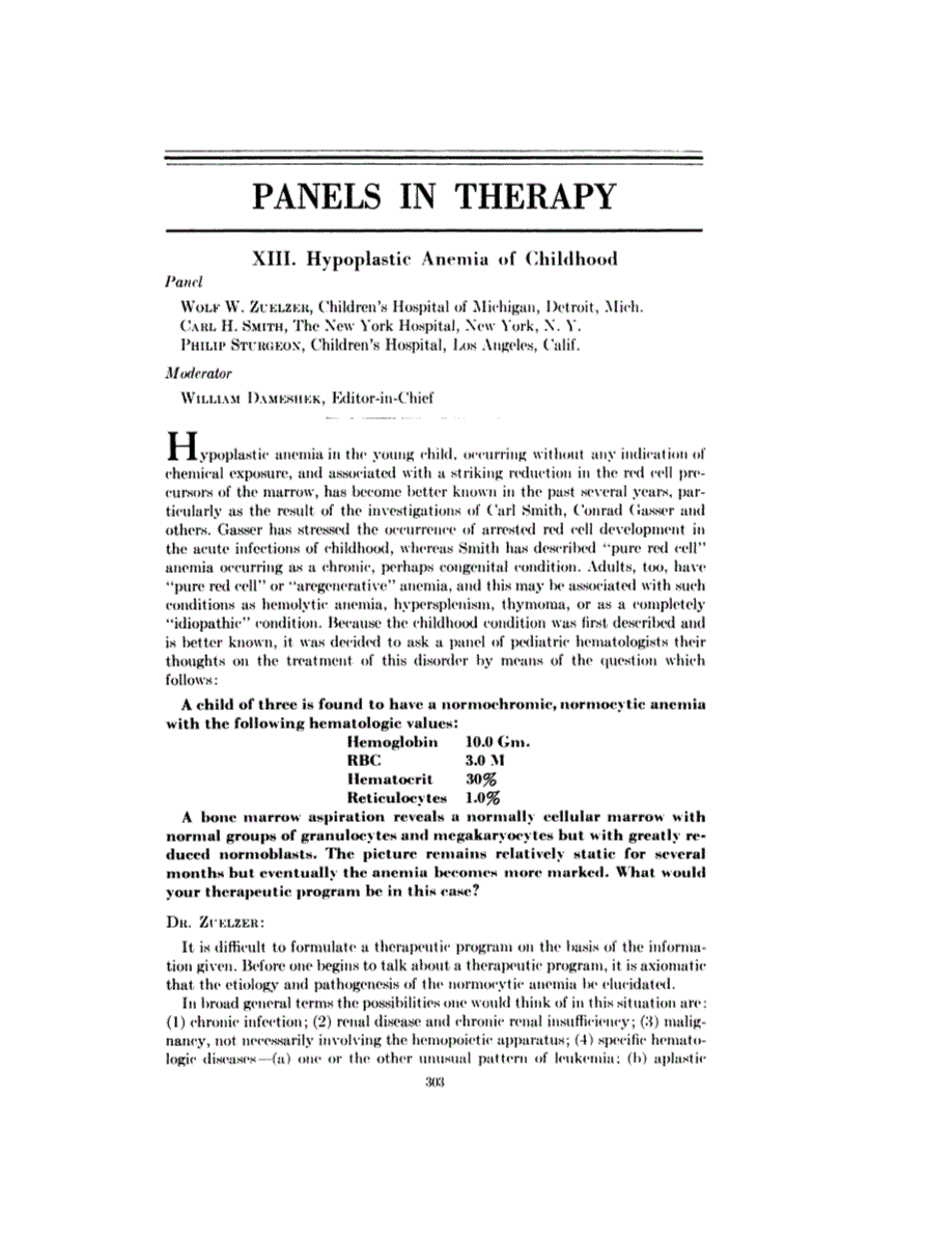 First page of Panels in Therapy: XIII. Hypoplastic Anemia of Childhood