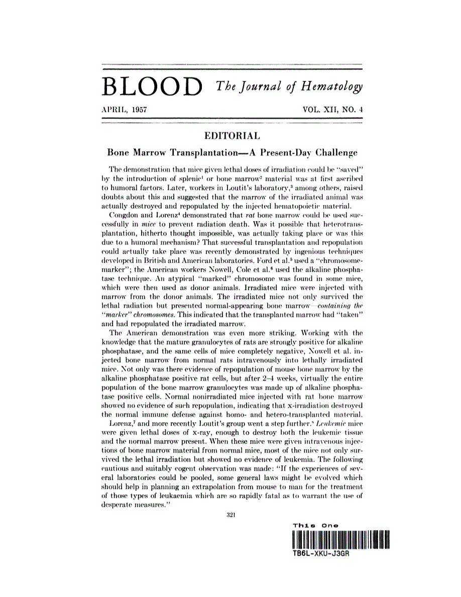 First page of Editorial: Bone Marrow Transplantation—A Present-Day Challenge