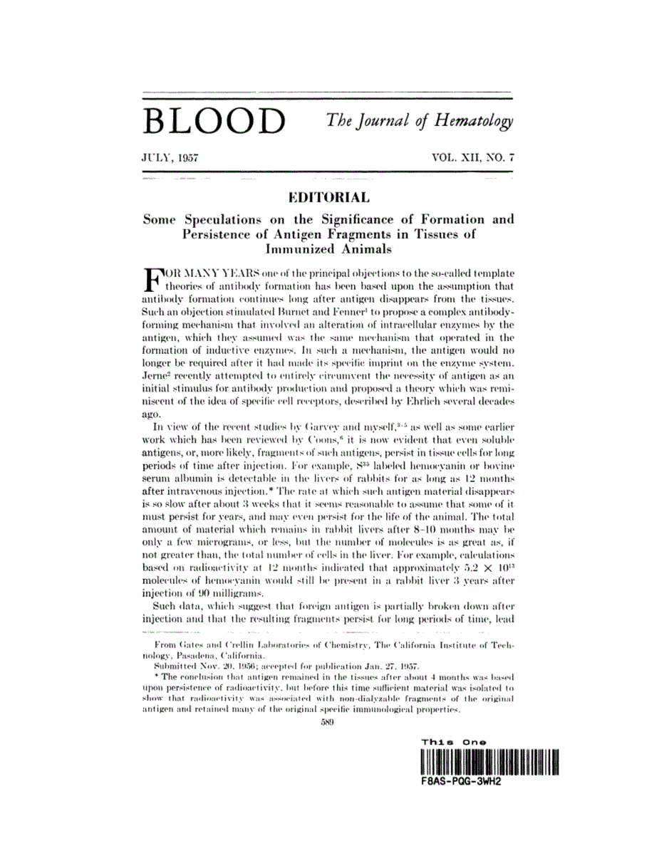First page of Editorial: Some Speculations on the Significance of Formation and Persistence of Antigen Fragments in Tissues of Immunized Animals