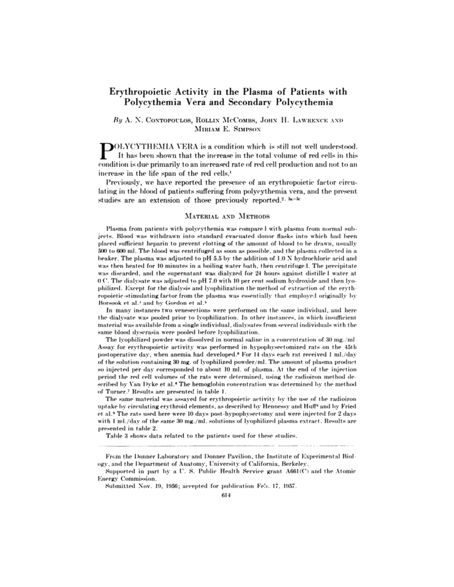 First page of Erythropoietic Activity in the Plasma of Patients with Polycythemia Vera and Secondary Polycythemia