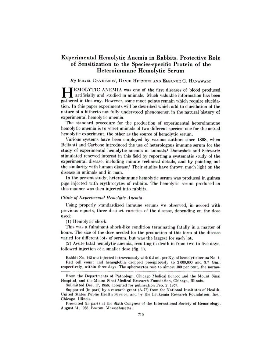 First page of Experimental Hemolytic Anemia in Rabbits. Protective Role of Sensitization to the Species-specific Protein of the Heteroimmune Hemolytic Serum