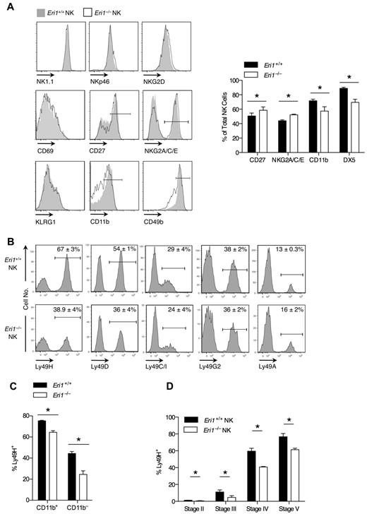 Figure 2. Impaired maturation and Ly49 receptor expression in Eri1−/− NK cells. B6 WT CD45.1+ lethally irradiated hosts were reconstituted with a 1:1 mixture of congenic WT (CD45.1+CD45.2+) and Eri1−/− (CD45.2+) fetal liver cells. (A-C) Splenic and (D) BM NK cells were analyzed by flow cytometry at 8-15 weeks. (A) Cell-surface expression of activating receptors (NKp46 and NK1.1), activation markers (NKG2D and CD69), and maturation markers (CD27, NKG2A/C/E, KLRG1, CD11b, and CD49b) on WT (CD45.1+CD45.2+) and Eri1−/− (CD45.1−CD45.2+) cells (left). Gated NK1.1+CD3ϵ− cells are shown for all stains, except for NK1.1, which shows gating on NKp46+TCRβ− cells. Summary of markers with significantly different expression on WT and Eri1−/− NK cells (right). (B) Splenic NK-cell activating and inhibitory Ly49 receptors. (C) Percentage of Ly49H+ cells among CD11b+ and CD11b− NK cells. (D) Percentage of Ly49H+ WT and Eri1−/− NK cells at various stages of NK-cell maturation in the BM (gating shown in supplemental Figure 2A). Bar graphs and flow cytometry plots show mean ± SD (N = 3 mice). *P ≤ .05; paired Student t test.