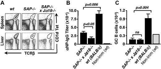 Figure 3. Residual NKT cells in SAP−/−.BALB/c mice support NP-specific IgG response in the presence of Alum. (A) NKT cells of SAP−/−.BALB/c mice were eliminated by crossing with Jα18−/−.BALB/c mice. NKT cells in spleen and liver were identified with CD1d tetramer loaded with the αGalCer analog PBS57 and anti-TCRβ. (B) NP-specific serum IgG titers in SAP−/−.BALB/c and SAP−/− x Jα18−/−.BALB/c mice 13 days after immunization with NP-KLH in alum. (C) The number of splenic GC B cells was determined by flow cytometry in mice immunized as in panel B.
