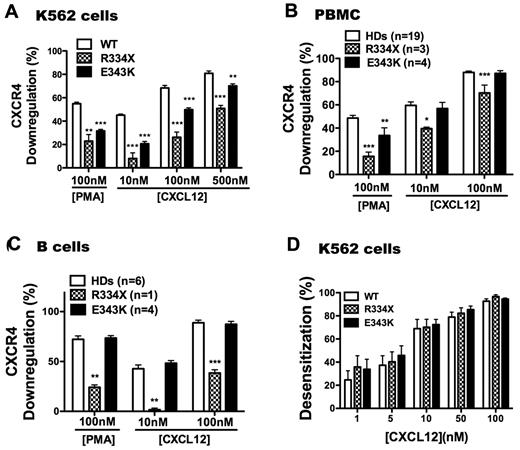 Figure 5. WHIM mutation CXCR4E343K attenuates CXCL12-induced receptor down-regulation but to a lesser degree than CXCR4R334X. Surface expression was measured with CXCR4-specific mAb 12G5 for the cell types indicated at the top of each panel after incubation in the presence or absence of the stimuli indicated on the x-axis. (A) Transiently transfected K562 cells. **P < .01 and ***P < .001 for the comparison between CXCR4WT (WT) and CXCR4E343K (E343K) or CXCR4R334X (R334X), respectively. Data are summarized as the means ± SEM from 4 experiments. (B) PBMCs. Data are pooled from multiple independent experiments with cells with the indicated CXCR4 genotypes (number of individuals studied for each genotype). P1-P3 were studied twice and P4 once; 1 CXCR4R334X patient was studied twice and the other 2 once, and each HD was studied once. One or 2 HDs were studied as controls in each of the 5 experiments involving WHIM patients, and the rest were studied in 8 additional independent experiments. Data are the means ± SEM of all values in each category. *P < .05; **P < .01; and ***P < .001 for the comparison between HDs and CXCR4R334X (R334X) or CXCR4E343K (E343K) patients, respectively. (C) B cells. After incubation with stimuli in duplicates, PBMCs were gated on CD19+ cells and analyzed for CXCR4 expression. Data are from 1 experiment that included WHIM patients P1-P4, 1 CXCR4R334X patient, and 1 HD, and 2 additional independent experiments for the other 4 HDs, and are the means ± SEM of all values in each category. **P < .01 and ***P < .001 for the comparison between HDs and CXCR4R334X (R334X) or CXCR4E343K (E343K) patients, respectively. (D) Normal homologous desensitization of WHIM variants CXCR4R334X (R334X) and CXCR4E343K (E343K) expressed in K562 cells. Data were pooled from 5 independent experiments done in triplicate with the indicated variants and are summarized as the means for each condition.