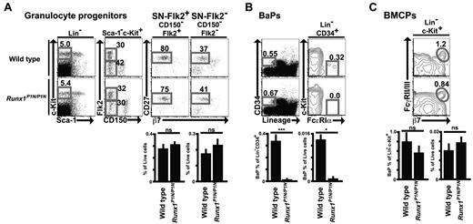 Figure 7. Impaired BaPs in Runx1P1N/P1N mice. (A-C) Representative flow cytometry plots and percentage of indicated gates of SN-Flk2+ (Sca-1−Lin−c-Kit+CD150−Flk2+CD27+) cells and SN-Flk2− (Sca-1−Lin−c-Kit+CD150−Flk2− CD27+) cells (A), and BaPs (Lin−CD34+c-Kit−FcϵRIα+) in BM from WT or Runx1P1N/P1N mice (B), and BMCPs (Lin−c-Kit+β7+FcγRII/III+) in spleen from WT or Runx1P1N/P1N mice (C). Data shown are from 1 of 3 independent experiments, each of which gave similar results.