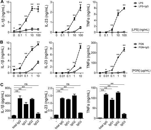 Figure 5. FcγRIIa ligation increases sensitivity to TLR ligands and relies on IgG1 and IgG2. (A) DCs were stimulated with plate-bound IgG and different concentrations of LPS or PGN. After 24 hours, cytokine levels in the supernatant were determined by ELISA. Data shown are from 1 representative experiment of at least 5 experiments with different donors. (B) DCs were stimulated with LPS in combination with either plate-bound total IgG, IgG1, IgG2, or IgG3. After 24 hours, cytokine levels in the supernatant were determined by ELISA. Data shown are from 1 representative experiment of at least 3 experiments with different donors. Error bars indicate SEM; *P < .05, **P < .01; ns indicates not significant; paired t test.