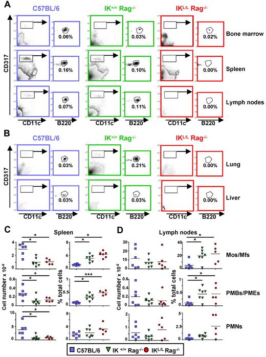 Figure 1. Cell populations present in IKL/L Rag−/− mice. (A-B) Total cells from the BM, spleen, and lymph nodes (A) or 40% Percoll gradient-enriched cells from the lung and liver (B) of C57BL/6, IK+/+ Rag−/−, or IKL/L Rag−/− mice were stained and analyzed by flow cytometry. pDCs were gated on CD317+ CD11clow B220+. Numbers indicate the percentage of cells among total live cells from the indicated organ. Data shown are representative of at least 3 experiments. (C-D) Spleen (C) and lymph node (D) cells from the indicated mouse strains were stained and analyzed by flow cytometry. Total cell numbers (left column) and percentages (right column) of monocytes/macrophages (Mos/Mfs; F4/80+ CD11c− CD11bhigh Ly6C− GR1−), PMBs/PMEs (SSChigh F4/80+ CD11c− CD11bint Ly6C+ GR1low), and PMNs (F4/80low CD11c− CD11b+ Ly6C+ GR1high) among total live cells are shown. Each dot represents results obtained from individual mice, and bars represent the mean. Data shown are from 3 experiments. *P < .05. ***P < .001.