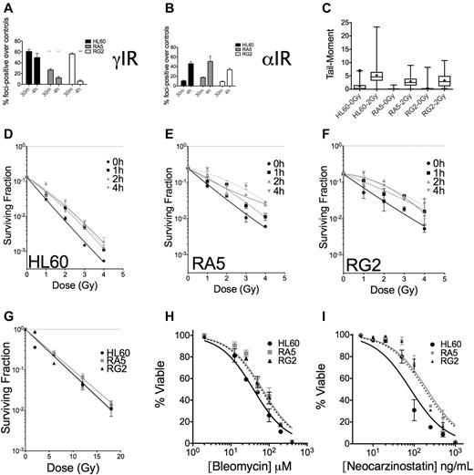Figure 6. Nonclustered DNA damage and DSB repair are improved in RA5 and RG2 cells compared with HL60. Cells were irradiated with 2 Gy γ-IR (A) or an approximate dose of 0.5 Gy α-particles per nucleus (B) and assayed for percent foci-positive cells (n = 500) relative to controls at 30 minutes and 4 hours after IR. (C) Cells were irradiated with 2 Gy γ-IR on ice in PBS and immediately processed for DSB formation by the neutral comet assay. Data are box and whisker plots: whiskers are 1st and 99th percentiles; and +, means (calculated from at least 100 cells per sample). (D-F) Cells were irradiated with a test dose of 3 Gy of γ-rays and allowed to incubate under standard cell culture conditions for the indicated times before additional irradiation with indicated doses of γ-rays, and then assayed for clonogenic survival. Cells were irradiated under hypoxic conditions (< 0.1% O2) with indicated doses of γ-rays before assaying for clonogenic survival (G). (H-I) Cells were treated with indicated doses of bleomycin (H) or neocarzinostatin (I) and assayed for apoptosis 48 hours after treatment. They were are fitted by nonlinear regression. IC50 values exceed the 95% CI for both resistant clones. Data are mean ± SEM from at least 2 independent experiments. *P < .05. **P < .01. ***P < .001.