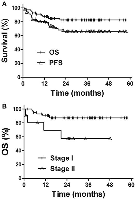 Figure 3. Survival. (A) OS and PFS rates for all patients. (B) OS rate according to the Ann Arbor stage.
