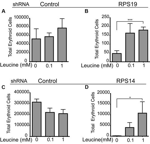 Figure 6. L-leucine increases total number of erythroid (Gly A+ and CD71+) cells in RPS14 and RPS19 shRNA transduced CD34+ progenitor cells. (A-D) CD34+ hematopoietic progenitor cells were targeted with short hairpin RNAs (shRNAs) against RPS19 (B), RPS14 (D), and a control (luciferase; A-C) Transduced cells were treated with 100μM and 1mM L-leucine or no treatment and continuously selected with 1 μg/mL puromycin starting at day 2. Cells were transferred to high EPO containing medium (2 U/mL) on day 7 and harvested on day 10. The number of erythroid cells was determined by flow cytometry after staining for CD71 and glycophorin A. The experiments were performed in triplicate and repeated 3 times with similar results (***P < .001; *P < .02; Student t test).