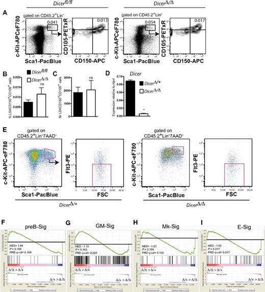 Figure 1. Dicer regulates erythroid lineage transcriptional priming in HSCs. Lethally irradiated (9 Gy) wild-type CD45.1 mice were transplanted noncompetitively with 6 million BM cells from control (Dicerfl/fl or Dicerfl/+;Mx1Cre) or DicerΔ/Δ (Dicerfl/fl;Mx1Cre) mice. At least 4 weeks after transplantation, Cre-mediated recombination was induced with polyriboinosinic acid/polyribocytidylic acid (polyI:C), by intraperitoneal injections of 200 μg polyI:C every second day, 3 injections in total. (A) Representative FACS profiles of HSCs (LSKCD105+CD150+) in Dicerfl/fl and DicerΔ/Δ mice, respectively. Numbers in FACS profiles indicate percentage within indicated gate, relative to total BM cells. (B-C) Mean (± SEM) frequency relative to total BM cells (B; 10 or 11 mice/group, analyzed individually) and absolute number per 2 tibiae (C) of LSKCD105+CD150+ HSCs in Dicerfl/fl and DicerΔ/Δ mice. n = 4 or 5 mice/group analyzed individually. (D) Deletion efficiency of Dicer from 100-200 sorted LSKCD150+ HSCs. n = 6 mice/group. *P < .05. (E) Sorting strategy for isolation of CD45.2+LSKFlt3− cells from DicerΔ/+ and DicerΔ/Δ mice. FACS profiles are from kit-enriched samples. (F-I) Gene set enrichment analysis comparison of pre-B cell (preB-Sig; F), GM (GM-Sig; G), megakaryocyte (Mk-Sig; H), and erythroid (E-Sig; I) associated gene expression between DicerΔ/+ and DicerΔ/Δ LSKFlt3− HSCs. NES indicates normalized enrichment score; FDR, false discovery rate q value; and P, nominal P value. Two biological replicates were analyzed/genotyped in 2 separate experiments, using Affymetrix Mouse Genome 430 Version 2.0 arrays.