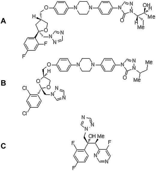 Figure 5. Chemical structures. (A) Posaconazole. (B) Itraconazole. (C) Voriconazole.