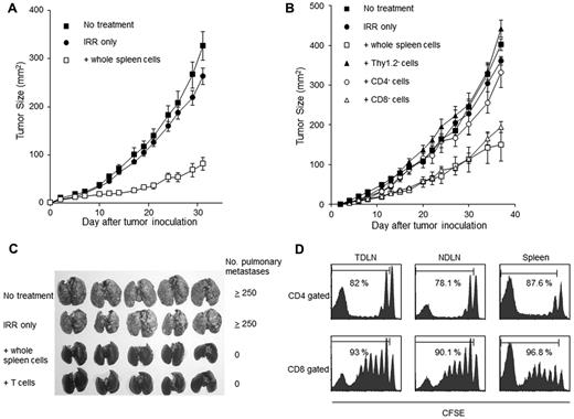Figure 1. Lymphodepletion followed by the transfer of TNs induces TEs in TDLNs and inhibits tumor progression. (A) Mice were irradiated with 500 cGy and injected intravenously with 40 × 106 spleen cells from naive mice. These mice were then inoculated subcutaneously with 1 × 105 of MCA205 tumor cells along the midline of the abdomen. The resultant skin tumors were measured in 2 perpendicular directions 2 to 3 times per week, and the tumor areas (mm2) were recorded. (B) Sublethally irradiated lymphopenic mice were reconstituted with either Thy1.2, CD4, or CD8-depleted cell populations and then inoculated subcutaneously with MCA205 tumor cells. The depletion of Thy1.2+ or CD4+ cells, but not the depletion of CD8+ cells, abrogated the antitumor effects observed after lymphodepletion and reconstitution. (C) Sublethally irradiated mice (500cGy) were injected intravenously with either 40 × 106 whole spleen cells or with 10 × 106 magnetically isolated splenic TNs. Mice were then inoculated SD with MCA205 tumor cells to stimulate the TDLNs. Twelve days later, TDLN cells were harvested and activated in vitro with the method of CD3/IL-2 for 5 days. Ten million of activated TDLN cells were then adoptively transferred into a new group of mice with 3-day established pulmonary metastases. The TDLN cells from the mice reconstituted with whole-spleen cells and splenic TNs exhibited similar therapeutic effects. (D) Congenic Ly5.1+ spleen cells were labeled with CFSE and transferred into irradiated lymphopenic mice. These mice were then inoculated SD with 3 × 106 tumor cells to stimulate the TDLNs. Twelve days later, TDLNs, NDLNs, and spleens were harvested and analyzed for CFSE staining intensity within the Ly5.1+ subset.