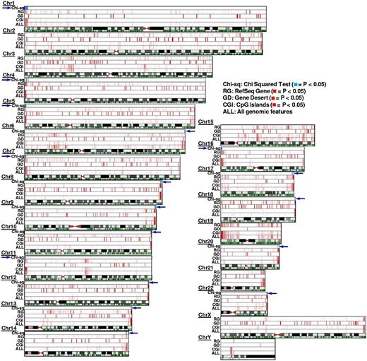 Figure 3. Chromosomal locations of DMRs in pre- versus postdecitabine treatment AML samples. The 4 lanes above each chromosome symbol show the number of DMRs in 400-kb bins as a heat map for all genomic features (ALL), CpG islands (CGI), Gene deserts (GD), and RefSeq gene bodies (RG), respectively (intensity in each lane is normalized to the bin with most DMRs in that lane). These 4 features were selected as they depict genomic features with diverse CpG densities (see Table 1 for other features evaluated in this study but not shown here). Comparing the 4 heat map tracks shown here (ALL vs CGI, or GD, or RG), the most significant number of DMRs induced by decitabine treatment is contributed by the CpG islands. This effect of decitabine is most pronounced at the chromosome ends (exception: chromosome 3, chromosome 15, and chromosome Y). The green track below the chromosome symbol shows the distribution of CpG islands (CGIs) across the chromosome (independently of their methylation status). Because CpG islands are also enriched in chromosome ends, we performed Pearson χ2 analysis of observed DMRs versus expected DMRs for every 400-kb bin in the genome (“Chromosomal localization of DMRs”) to test whether enrichment of DMRs within the chromosome ends is related to the higher density of CpG islands in that region or as a nonrandom effect of decitabine treatment. The resulting P values are plotted in the χ2 track in blue. For all chromosomes except 2, 3, 15, 19, and 21, the P values were significant (P ≤ .05) at least at one end of the chromosome, indicating significant clustering of DMRs not accounted for by the dense distribution of CpG islands in that region of the chromosome.