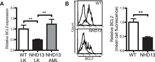 Figure 3. Bcl2 expression is reduced in NHD13 LK cells. (A) Quantification of Bcl2 levels by qRT-PCR in LK cells from WT and NHD13 mice (n = 3 of each genotype, each sample is a pool of 3 mice) and marrow cells from NHD13 mice which developed AML (n = 5; **P < .01). (B) Representative histograms of Bcl2 protein in WT and NHD13 LK cells measured by FACS. The dashed lines represent the isotype controls. The mean cell fluorescence of Bcl2 protein in NHD13 LK cells relative to WT LK cells was calculated from 3-month-old mice (n = 3 of each genotype).