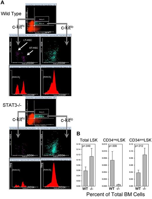 Figure 2. Phenotypically defined HSCs and progenitors. (A) Representative flow cytometric dot-plots of c-kit, sca1, and CD34 surface marker expression, along with cell size, in the Lin− BM compartment of STAT3−/− and WT littermate mice at 5-6 weeks of age. See Figure 3 for details of the defined subpopulations. Isotype control Abs were used to established positive/negative quadrants and gates for lineage markers, lin cocktail, c-kit, sca1, and CD34 expression, as described previously.21 Histo-12 gate (in red histograms) represents cells with negative CD34 expression. (B) Comparative analysis of subpopulations of cells in the Lin− BM compartment from 4 WT/STAT3−/− mouse pairs. Data in panel B are expressed as means ± 1 SD.