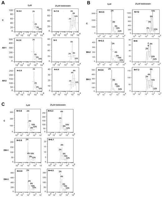 Figure 6. Effect of myosin II activity inhibition on ploidy of FPD/AML MKs. The ploidy level of CD41+CD42+ MKs was analyzed at day 10 of culture, 72 hours after addition of the myosin II inhibitor, blebbistatin. MK mean ploidy was calculated from the number of cells in each ploidy class. Blebbistatin was used at 25μM concentration. The significant increase in ploidy level after addition of blebbistatin was observed in 2 patients of pedigree A (A), 2 patients of pedigree B (B), and 2 patients of pedigree D (C; n = 6, P < .001).