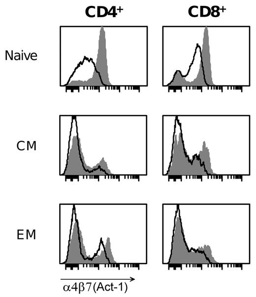 Figure 2. Induction of α4β7 by IL-7 occurs primarily in naive T cells. Purified CD4+ and CD8+ T cells were cultured in the presence or absence of IL-7 at 5 ng/mL. After 24 hours of culture, the expression of α4β7 was evaluated in the naive (CD45RA+CD45RO−CCR7+CD62L+), central memory (CM; CD45RA−CD45RO+CCR7+CD62L+) and effector memory (EM; CD45RA−CD45RO+CCR7−CD62L±) cell subsets by flow cytometry. The shaded histograms denote the staining of IL-7–treated cells; the empty profiles denote the staining of control, untreated cells. Data are representative of 3 independent experiments performed with similar results.