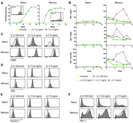 Figure 6. IL-7 induces proliferation of both naive and memory T cells uncoupled from T-cell activation, and memory-like phenotypic features in naive T cells. (A) Proliferation of naive and memory T cells treated with IL-7. Purified naive and memory CD4+ T cells were stained with CFSE and cultured in the presence or absence of low (0.2 ng/mL) or high (5 ng/mL) concentrations of IL-7. The lines represent the proportion of proliferating cells as evaluated by CFSE dilution over a period of 19 days in culture. The histograms in the insert show CSFE staining at day 19 in untreated (empty profile) and IL-7–treated (5 ng/mL; shaded histogram) CD4+ T lymphocytes. Data are representative of 3 independent experiments performed with similar results. (B) Expression of T-cell activation markers as evaluated by flow cytometry in purified naive and memory CD4+ T cells untreated or treated with the indicated cytokines over a period of 14 days. The values of MFI are shown for each marker at the indicated time points. Data are representative of 3 independent experiments performed with similar results. (C-F) Expression of memory-associated markers in naive and memory CD4+ T cells treated with IL-7. Purified naive and memory CD4+ T cells were left untreated or treated with the indicated doses of IL-7 and analyzed by flow cytometry after 3 days of culture for CD95 expression (C), cellular size (forward scatter, FSC; D), RNA content (pyronin Y; E), and TNF-α secretion (F). The ability to produce TNF-α was evaluated by intracellular staining followed by flow cytometry analysis on cells activated for an additional 6 hours with PMA and ionomycin. The shaded histograms denote the staining of IL-7–treated cells; the empty profiles denote the staining of control, untreated cells. Data are representative of 3 independent experiments performed with similar results.