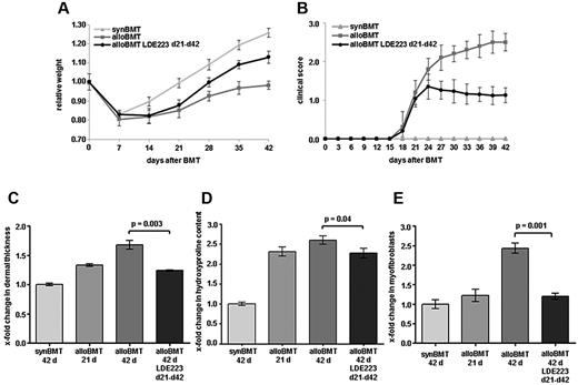 Figure 4. Treatment with LDE223 initiated after onset of clinical disease effectively ameliorates clinical and histologic changes of sclerodermatous cGVHD. Treatment with LDE223 on first clinical signs improved clinical features of cGVHD as evidenced by a increased recovery of the body weight after alloBMT (A) and by decreased composite score (B). Treatment with LDE223 (C) reduced dermal thickening, (D) prevented further increase of the hydroxyproline content, and (E) reversed the differentiation of resting fibroblasts into myofibroblasts. Six mice per group were analyzed. synBMT indicates syngeneic controls; and alloBMT, mice receiving alloBMT.