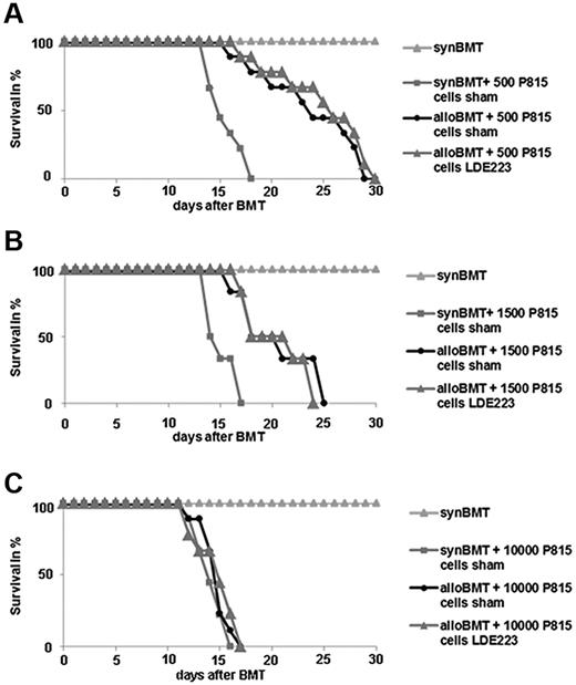 Figure 6. Effects of LDE223 on GVL and survival in the P815 leukemia model. (A-B) In mice injected with 500 (A) or 1500 (B) P815 cells, comparable survival times were noted in LDE223-treated, allogeneically transplanted mice and sham-treated, allogeneically transplanted mice. (C) Injection of 10 000 cells P815 led to death of all mice within 16 days. No survival advantage of allogeneically transplanted mice was detectable in mice injected with 10 000 tumor cells, and survival did not differ between LDE223-treated mice and sham-treated mice. Survival over time is shown as Kaplan-Meier curves. Nine mice per group were analyzed.
