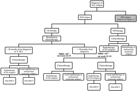 Figure 2. Algorithm that we follow for treatment of children with isolated extramedullary relapse (IEM) according to the length of CR1, the immunophenotype of ALL, and the level of MRD after induction/consolidation therapy.