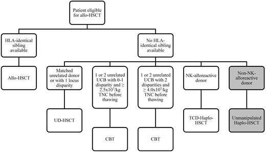 Figure 3. Algorithm that we follow for choosing the best transplant option for any child with relapsed ALL and an indication to allogeneic HSCT. The grey boxes represent what we consider to be a still experimental approach of unmanipulated, HLA-haploidentical HSCT. TCD indicates T-cell depleted; UCB, umbilical cord blood; CBT, cord blood transplantation; and TNC, total nucleated cells.
