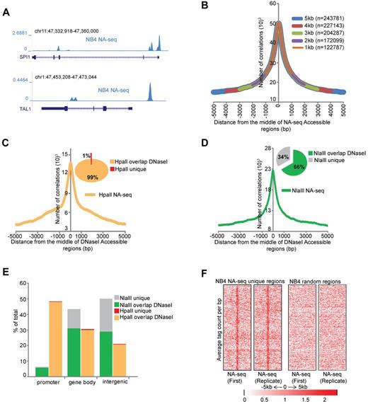 Figure 1. Identification of accessible regions in APL cells. (A) Overview of the accessible regions at the SPI1and TAL1 genes in NB4 cells identified by NA-seq using Nlalll and Hpall. (B) Enrichment of DNaseI hotspots within the NA-seq dataset. Enrichment was computed with a lowered threshold and different distances from the middle of the regions defined by NA-seq (see supplemental Methods). The number of overlapping regions for every size window are indicated. (C-D) Enrichment plots of NA-seq regions within a window of ± 5 kb of DNaseI-defined accessible regions in NB4 cells. Inset pie charts: The percentage of NA-seq regions that overlap with the DNAseI dataset. (C) HpaII data. (D) NlaIII data. (E) Genomic distribution of the unique and DNaseI hotspots overlapping NA-seq regions. Accessible sites were examined for their presence in promoter (−500 bp up to 100 bp downstream of transcription start site), gene body (intron and exon), or intergenic (everything else) regions. Analysis was performed using “Genomatix” tool for annotation and statistics, whereby 1.8% of the human genome consists of promoters, 44% gene bodies, and 54% intergenic regions. (F) Intensity plot showing tag enrichment from 2 biologic replicates within ± 5 kb windows from the center of the NA-seq regions that do not overlap with the DNaseI hotspots (left). The same number of random regions was plotted as control (right).
