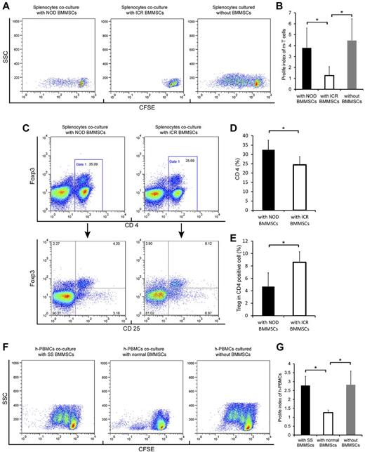 Figure 1. Impairment of immunoregulatory activity of BMMSCs during SS pathogenesis. (A-B) BMMSCs from NOD/Ltj mice failed to effectively suppress the proliferation of stimulated T cells. Stimulated normal T cells cocultured with NOD BMMSCs showed higher proliferative response compared with those cocultured with control ICR BMMSCs (P = .0002, n = 12). (C-E) CD4+Foxp3+Treg cells from splenocytes cocultured with ICR BMMSCs or NOD BMMSCs. *CD4+ cells in splenocytes cocultured with NOD/Ltj BMMSCs were significantly higher than that with ICR BMMSCs (P = .0005); n = 12. *ICR BMMSCs had better regulatory potential for Treg cells compared with BMMSCs from NOD mice (P = .0001); n = 12. (F-G) Impairment of immunoregulatory capacity was observed in the BMMSCs of SS patients. Normal PBMCs cultured with BMMSCs obtained from SS patients showed higher proliferative response compared with those cocultured with normal BMMSCs (P = .01, n = 5).