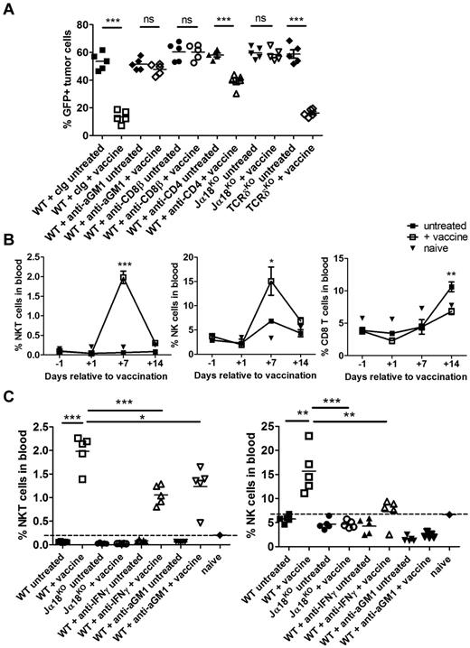 Figure 3. NKT cells, NK cells, and CD8 T cells are required for therapeutic efficacy of the vaccine. WT or genetic knockout mice were challenged with 1 × 105 Eμ-myc 299 tumor cells and treated on day 5 with irradiated, α-GalCer–loaded tumor cells, or left untreated. (A) Eμ-myc tumor burden in blood 19 days after tumor inoculation, in untreated or vaccine-treated WT, NKT cell–deficient Jα18KO, and gamma/δ T cell–deficient TCRδKO mice. As indicated, some WT mice received mAb-based depletion of NK cells (anti-aGM1), CD8 T cells (anti-CD8β), CD4 T cells (anti-CD4), or isotype control mAb (cIg). ***P < .0001 (unpaired t test). ns indicates not significant. (B) Percentages of NKT cells (left), NK cells (middle), and CD8 T cells (right) in blood at the indicated time points before and after vaccination in Eμ-myc tumor-bearing and non–tumor-bearing (naive) WT mice. Data are mean ± SEM; n = 5. ***P < .0001 (unpaired t test). **P < .003 (unpaired t test). *P < .03 (unpaired t test). (C) The percentage of NKT cells (left) and NK cells (right) in blood of untreated and treated WT and Jα18KO mice 12 days after tumor inoculation. Dotted line indicates baseline percentage from an age- and sex-matched non–tumor-bearing mouse. ***P < .001 (unpaired t test). **P < .01 (unpaired t test). *P < .05 (unpaired t test). ns indicates not significant. (A-C) Data are representative of 2 independent experiments.