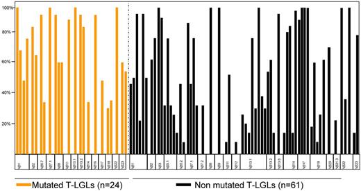 Figure 4. Marked immunodominant Vβ expansions can be seen both in STAT3 SH2 domain-mutated (orange bars) and nonmutated patients (black bars).