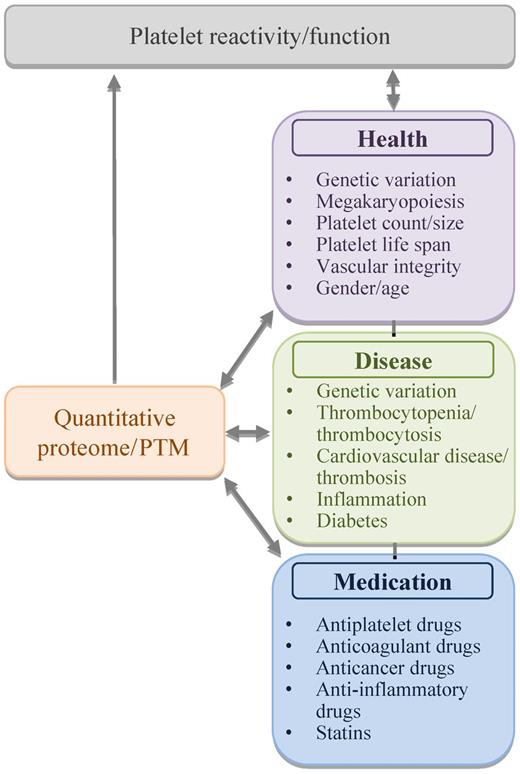 The platelet protein mix as playmaker of platelet function. Protein expression levels and posttranslational modifications (PTM) may regulate and can be regulated by various physiologic processes in health and disease, via effects on platelet function and reactivity.
