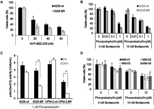 Figure 3. Inhibition of Akt, mTOR, and IGF-1R induces cell death in BR cells. (A) 8226.wt and 8226.BR cells were exposed to the indicated concentrations of NVP-BEZ-235 for 24 hours, and viability was assessed using the WST-1 reagent. Data shown are representative of 3 independent experiments, and errors bars denote ± SD. (B) RPMI 8226.wt and 8226.BR cells were treated with increasing concentrations of PPP with (right) or without (left) simultaneous addition of 10nM bortezomib for 24 hours, and assessed by WST-1. Data points are representative from triplicate experiments, and error bars indicate SD. (C) The effect of PPP on Akt kinase activity was determined using RPMI 8226 and OPM-2 drug-naive and BR cell lines treated with 1μM PPP for 24 hours. After each experiment, cell lysates were prepared, and 25 mg of protein from each was probed for the levels of phospho-Akt in duplicate using an ELISA. Data shown are the mean of 2 experiments performed in duplicate ± SD. (D) CD138+ plasmacytes from patients were treated with increasing concentrations of PPP without (left) or with (right) simultaneous addition of 10nM bortezomib. Viable cell populations were evaluated using the WST-1 assay (*P < .05, **P < .01). All data points are the mean of experiments performed in triplicate ± SD.