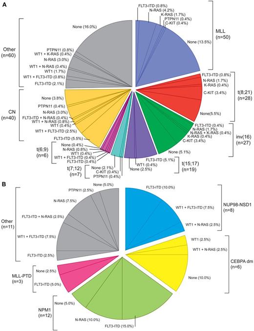 Figure 1. Pie chart illustrating the molecular and genetic aberrations as well as their nonrandom associations in pediatric AML. (A) Total group: Integrative analysis of recurrent cytogenetic aberrations (MLL-rearrangements, t(8;21), inv(16), t(15;17), t(7;12), and t(6;9), CN and other nonspecific cytogenetic subgroups and type I molecular aberrations (in FLT3-ITD, WT1, N-RAS, K-RAS, PTPN11, and c-KIT) based on 237 unselected de novo pediatric AML patients. Each sector indicates the percentage of patients harboring 1 or more of the aforementioned mutations. (B) CN group: Pie chart based on 40 cytogenetically normal de novo pediatric AML patients analyzed for the presence of type II molecular aberrations (in NUP98-NSD1, CEBPA dm, NPM1, MLL-PTD, and other molecular aberrations) and type I molecular aberrations (in FLT3-ITD, WT1, N-RAS, K-RAS, PTPN11, and c-KIT). Each sector indicates the percentage of patients harboring 1 or more of the aforementioned mutations. None indicates patients with only wild-type alleles of genes tested. Adapted from Hollink et al22 and Balgobind et al27 with permission.