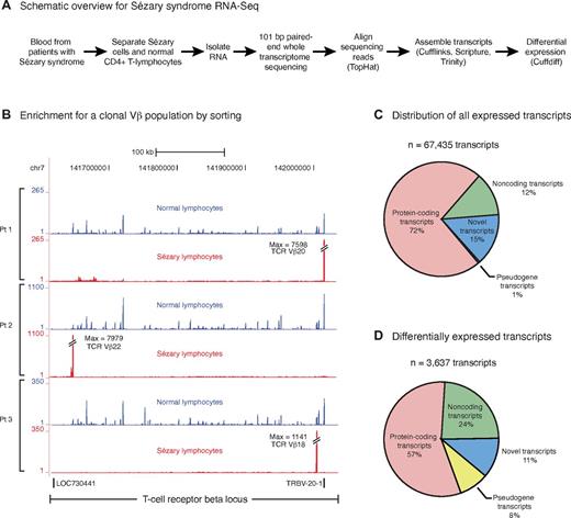 Figure 1. Analysis of transcriptome data in SS. (A) Schematic of experimental design. SC and patient-matched normal CD4+ T lymphocytes were purified by flow cytometry, with SC sorted using Vβ antibodies to the malignant clone, followed by paired-end RNA-Seq. Sequence reads underwent genome alignment followed by assembly into gene transcripts and determination of differential expression. Scripture was used as an orthogonal means of transcriptome assembly, while both Scripture and Trinity were used for novel transcript discovery. (B) RNA-Seq tracks over the T-cell receptor beta locus, with normalized read scale between each SC and normal matched CD4+ T-cell control. Clonal Vβ transcript peaks are off-scale in SC, with read number shown next to each. (C) Transcript distribution by category in SS. Transcripts were annotated using a conglomeration of UCSC, Gencode, RefSeq, and Ensembl as reference. An FPKM > 1.5 was required in either SC or control cells. (D) Differentially expressed protein-coding, noncoding, pseudogene, and unannotated novel transcripts in SS.