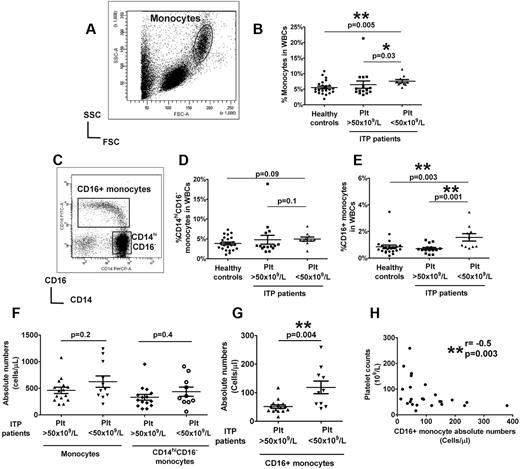 Figure 1. Circulating monocyte subsets in ITP patients are associated with platelet numbers. (A) Representative dot plot of the forward and side scatter in PBMCs showing the gating strategy for analysis of monocyte population. (B) Percent total monocytes based on forward and side scatter gating as a fraction of white blood cells (WBCs) in healthy controls and ITP patients with more > or < 50 × 109/L. (C) Expression of CD14 and CD16 expression in the monocyte population is shown by the representative dot plot, and the gating strategy for analysis of CD16+ and CD14hiCD16− subsets is indicated. Frequencies of CD14hiCD16− (D) and CD16+ (E) subsets in WBCs analyzed by flow cytometry in the same patient and healthy control cohort as in panel B. The absolute numbers in whole blood of total monocytes and CD14hiCD16− cells (F) as well as CD16+ subsets (G) as calculated based on complete blood counts are shown for patients with above and below platelet counts of 50 × 109/L. All P values were calculated using the Mann-Whitney t test. (H) Correlation between absolute CD16+ monocyte numbers in ITP patients and their platelet counts as calculated by Spearman correlation test showing a negative association between CD16+ monocytes and platelet counts. No significant correlation was seen between the classic CD14hiCD16− monocytes and platelet counts (see supplemental Figure 2).