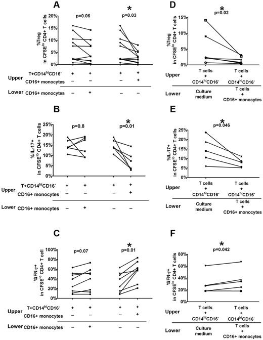 Figure 4. Optimal effects of CD16+ monocytes on Treg and Th proliferative require direct contact with T cells and release of soluble factors. Autologous CD3+ T cells, CD14hiCD16− and CD16+ monocyte subsets, from ITP patients were purified from PBMCs by cell sorting. Using a transwell plate, CFSE-labeled T cells were cocultured with CD14hiCD16− cells in the upper compartment, and CD16+ monocytes were added in the same compartment or in a separate lower compartment. After 7 days of stimulation in the presence of anti-CD3, the percent of (A) Foxp3hi as well as (B) IL-17 and (C) IFN-γ+ cells in divided CFSElo CD4+ T cells before and after addition of CD16+ monocytes in the lower compartment (left panel) or to upper compartment is shown. CD16+ monocytes, when separated from cocultures of T cells plus CD14hiCD16− (left panel), are not as effective in altering Treg and Th responses (P > .05, paired t test) compared with that when added to the same compartment as T+CD14hiCD16− cells (P < .05). (D) Sorted ITP T cells and CD14hiCD16− cells were placed in the upper compartment and autologous CD16+ monocyte without (“Culture medium”) or with T cells were added to the lower compartment of the transwell system. After 7 days of stimulation in the presence of anti-CD3, only the cells in the upper compartment were harvested, and the levels of divided CD4+Foxp3 as well as (E) CD4+IL-17+ and (F) CD4+ IFN-γ+ cells were analyzed. As indicated by the P values (paired t test), CD16+ monocytes in direct contact with T cells can affect polarization of Th cells in a separate compartment.