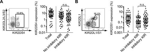 Figure 4. Expression of activating KIRs on CD8 T cells. (A) Staining for KIR2DS4 (left) on CD57+ CD8 T cells and expression of KIR2DS4 (right) on total CD57+ CD8 T cells, KIR2DL1−KIR2DL3−KIR3DL1−CD57+ CD8 T cells (no inhibitory KIR), and KIR2DL1+/−KIR2DL3+/−KIR3DL1+/−CD57+ CD8 T cells (inhibitory KIR; n = 81; median). (B) Staining for KIR2DS1 (left) on CD57+ CD8 T cells and expression of KIR2DS1 (right) on total CD57+ CD8 T cells, KIR2DL1−KIR2DL3−KIR3DL1−CD57+ CD8 T cells (no inhibitory KIR) and KIR2DL1+/−KIR2DL3+/−KIR3DL1+/−CD57+ CD8 T cells (inhibitory KIR). Costaining with antibodies against KIR2DL1 and KIR2DL1/S1 was used for specific identification of KIR2DS1+ cells (n = 73; median).