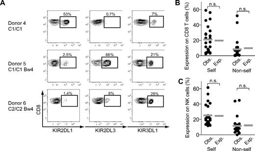 Figure 5. KIR expression on CD8 T cells is independent of self-HLA class I ligands. (A) Staining for KIR2DL1, KIR2DL3, and KIR3DL1 on CD45RA+CD57+ CD8 T cells in 3 representative individuals with known HLA genotypes where C1 is the ligand of KIR2DL3, C2 is the ligand of KIR2DL1, and Bw4 is the ligand of KIR3DL1. Numbers in the figures represent frequency of indicated KIR out of total CD45RA+CD57+ CD8 T cells. (B-C) Observed frequencies of CD45RA+CD57+ CD8 T cells (B) and NK cells (C) expressing self-and nonself-KIRs compared with theoretical values of random KIR expression analyzed for 24 individuals with 2 KIR ligands present (n.s. indicates not significant; Wilcoxon matched pairs test; mean).