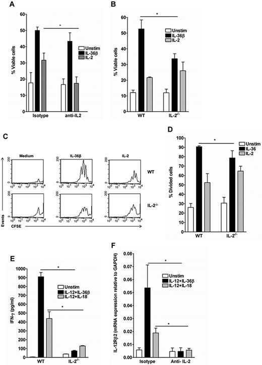 Figure 3. Different contributions of IL-2 signaling to the effect of IL-36β on Th0 cell survival, proliferation, and Th1 polarization. FACS-sorted naive WT and IL-2−/− CD4+T cells were labeled with CFSE, activated with plate-bound anti-CD3/anti-CD28 mAb, and stimulated or not for 72 hours with IL-36β, IL-12 + IL-36β, IL-12 + IL-18 or IL-2. When specified, WT CD4+T cells where cultured in presence of blocking anti-CD25 and anti-IL-2 mAbs or isotype-matched control mAbs. (A-B) FACS analyses of viable 7AAD− CD4+ T cells. Error bars represent the SD of the mean of 3 independent experiments. *P < .05 (Student t test), cytokine stimulation in IL-2−/− or in presence of neutralizing treatment significantly differs from WT or isotype control treatment, respectively. (C-D) Analysis of cell divisions in WT and IL-2−/− Th0 cells. (C) Histogram profiles of CFSE-labeled cells. Data shown are representative of one of 3 independent experiments with similar results. (D) Percentage of divided cells as assessed by CSFE labeling obtained in panel C. Error bars represent the SD of the mean of 3 independent experiments.*P < .05 (Student t test), cytokine stimulation in WT Th0 cells significantly differs from the same stimulation in IL2−/− Th0 cells. (E) IFN-γ secretion in WT and IL-2−/− naive CD4+ T-cell supernatants after 72 hours of stimulation with IL-12 + IL-18 and IL-12 + IL-36β. Data are shown from one of 3 independent experiments with similar results. Error bars represent SD of triplicates in the same experiment. *P < .05 (Student t test), cytokine stimulation in WT naive CD4+ T cells significantly differs from the same stimulation in IL-2−/− naive CD4+ T cells. (F) Quantitative RT-PCR analysis of IL-12Rβ2 mRNA expression in WT naive CD4+ T cells stimulated or not for 72 hours with IL-12 + IL-18 and IL-12 + IL-36β in presence of blocking anti-CD25 and anti-IL-2 mAbs or isotype-matched control mAbs. Error bars represent the SD of the mean of 3 independent experiments. *P < .05 (Student t test), cytokine stimulation in presence of neutralizing treatment significantly differs from isotype control treatment