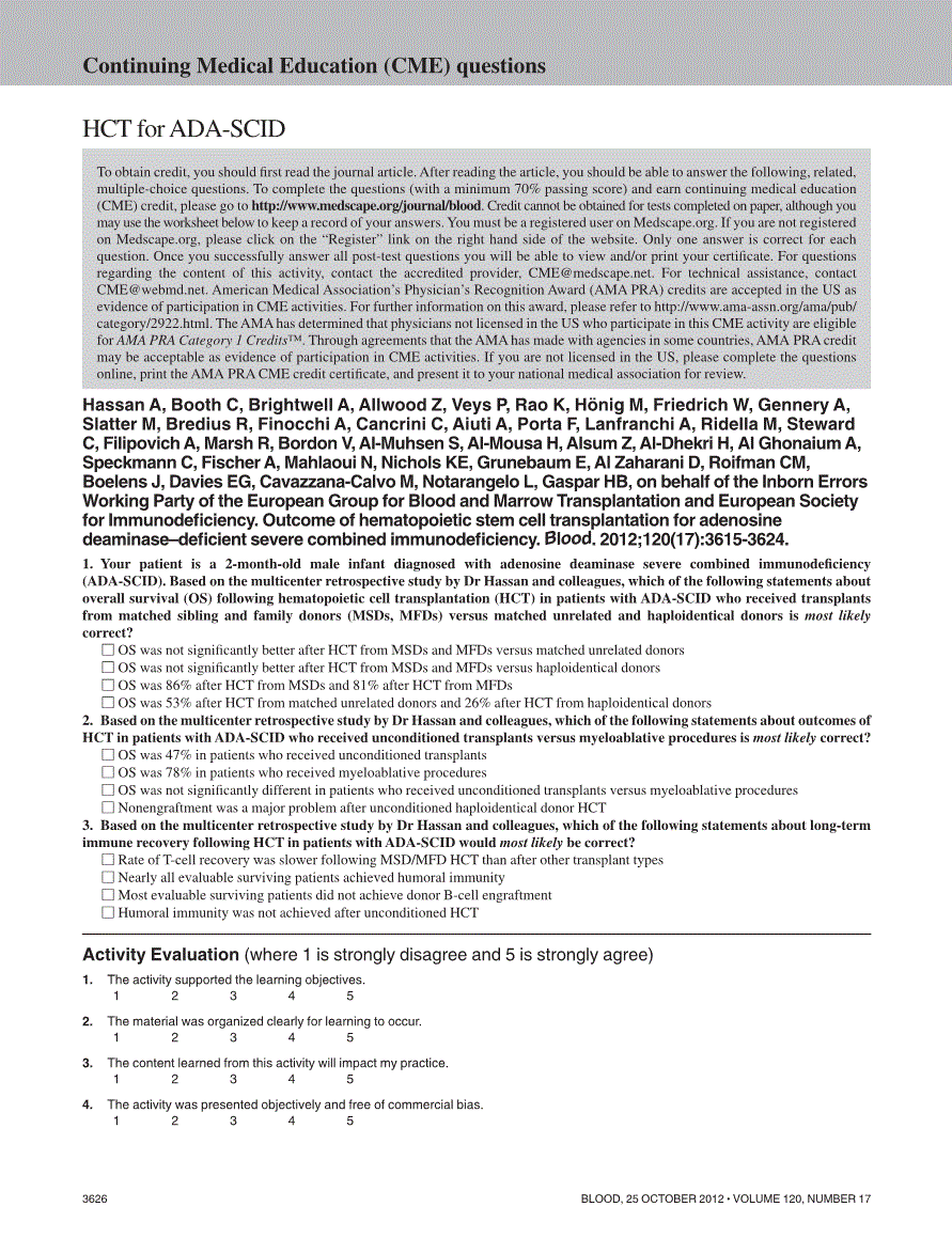 First page of Continuing Medical Education (CME) questions: HCT for ADA-SCID