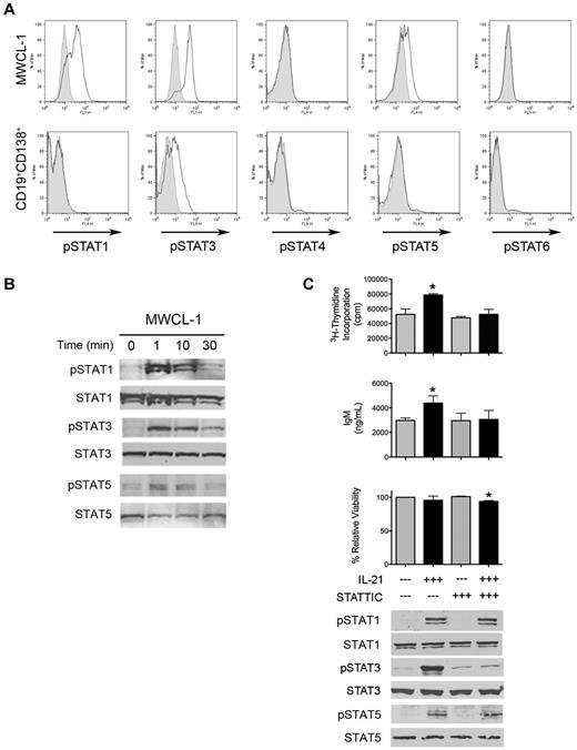 Figure 5. IL-21 mediates its biologic effects through activation of STAT3. (A) Serum-starved MWCL-1 or freshly sorted CD19+CD138+ WM tumor cells (n = 3) were stimulated with 100 ng/mL IL-21 for 10 minutes. After fixation and permeabilization, tyrosine phosphorylation of STATs 1, 3, 4, 5, and 6 was determined via FACS analysis. Shown is a representative example of 3 separate experiments. Gray histograms indicate baseline STAT phosphorylation, with open histograms representing expression of the phosphorylated isoform. (B) Immunoblot analysis of tyrosine phosphorylation of STATs 1, 3, and 5 in serum-starved MWCL-1 cells treated with 100 ng/mL IL-21 for the indicated times. Total STAT1, STAT3, and STAT5 were used as loading controls. Shown are representative blots of 3 separate experiments. (C) Inhibition of IL-21 activity through the use of the STAT3 inhibitor, STATTIC. MWCL-1 cells were pretreated for 20 minutes in the presence or absence of 0.5μM STATTIC before the addition of 100 ng/mL IL-21 where indicated. Cells were cultured for 72 hours, and proliferation, IgM secretion, and viability were assessed as outlined in “Methods.” Each experiment was performed 3 times, and data represent the mean ± SD. *Statistically significant at P < .05. Immunoblotting for pSTAT3 was performed on MWCL-1 cells pretreated in the presence or absence of 0.5μM STATTIC for 20 minutes, followed by stimulation with 100 ng/mL IL-21 for 10 minutes. Cells were lysed in RIPA buffer and SDS-PAGE was performed. After probing for pSTAT3, blots were stripped, and total STAT3 was used as a loading control.