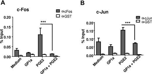 Figure 7. GP1a treatment leads to decreased binding of c-Fos and c-Jun to the Mmp9 AP-1 sites. DCs were treated with PGE2 with or without GP1a for 1 hour. Cells were fixed, sonicated, and subjected to ChIP analysis using antibodies to c-Fos (A), c-Jun (B), or control IgG. Precipitated DNA was isolated and evaluated by PCR using specific primers for the AP-1 sites in the Mmp9 promoter. ***P < .001 compared with PGE2. Data are representative of 2 independent experiments.