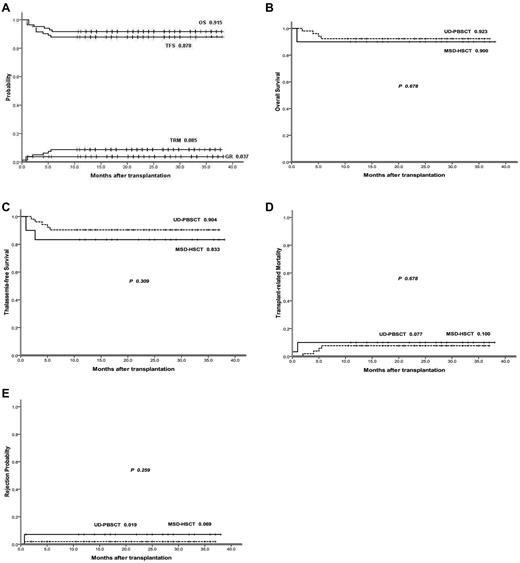 Figure 1. Group II patient summary. (A) OS, TFS, TRM, and GR for all of the group II patients for the NF-08-TM HSCT protocol. (B) OS of the MSD-HSCT group versus OS of the UD-PBSCT group. (C) TFS of the MSD-HSCT group versus TFS of the UD-PBSCT group. (D) TRM of the MSD-HSCT group versus TRM of the UD-PBSCT group. (E) GR of the MSD-HSCT group versus GR of the UD-PBSCT group.