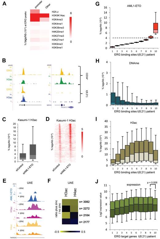 Figure 7. ERG defines H3 acetylation signatures in normal CD34+ and t(8;21) blast cells. (A) Heatmap displaying median tag densities of a variety of chromatin modifications at ERG binding sites that are present in normal CD34+ cells. (B) Overview of the SOX10 and P300 genes in normal CD34+ and AML cells with t(8;21). Yellow represents the ERG ChIP-seq data; green, the H3K9K14ac using normal CD34+ cells; and blue, the H3K9K14ac data using patient AML CD34+ cells with t(8;21). (C-D) Boxplot (C) and intensity plot (D) showing the H3K9ac tag density at high-confidence AML1-ETO binding sites in control and AML1-ETO silenced Kasumi-1 cells. (E) ChIP-seq using U937 cells expressing (+ zinc) or not expressing (− zinc) AML1-ETO. Overview of the TNFRSF8 AML1-ETO binding site in U937 AML1-ETO cells. Blue represents the AE ChIP-seq data; purple, the H3ac data; and yellow, the H4ac data. (F) Heatmap displaying the log2 ratio of H3ac or H4ac tags at AML1-ETO target regions in zinc treated cells versus untreated cells. (G-I) Boxplots showing the density of AML1-ETO (G), MethylCap-DNAme (H), and H3ac (I) tags in patient AML t(8;21) cells within 10 bins of ERG binding sites (pz12) that are ranked according to AML1-ETO tag density. The dotted line in panel G separates the ERG sites not bound by AML1-ETO (bins 1-8) from those bound by AML1-ETO (bin 10). (J) Boxplot showing log2 expression values of the genes targeted by both AML1-ETO and ERG (predominantly bin 10) or ERG alone in 22 t(8;21) patients.