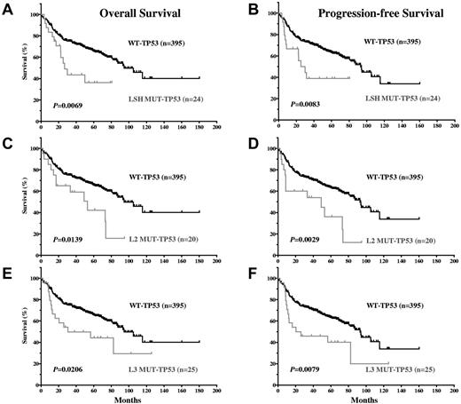 Figure 3. DLBCL patients with TP53 mutations in the LSH, L2, and L3 motifs of the DNA binding domain have significantly inferior OS and PFS compared with DLBCL patients with WT-TP53.